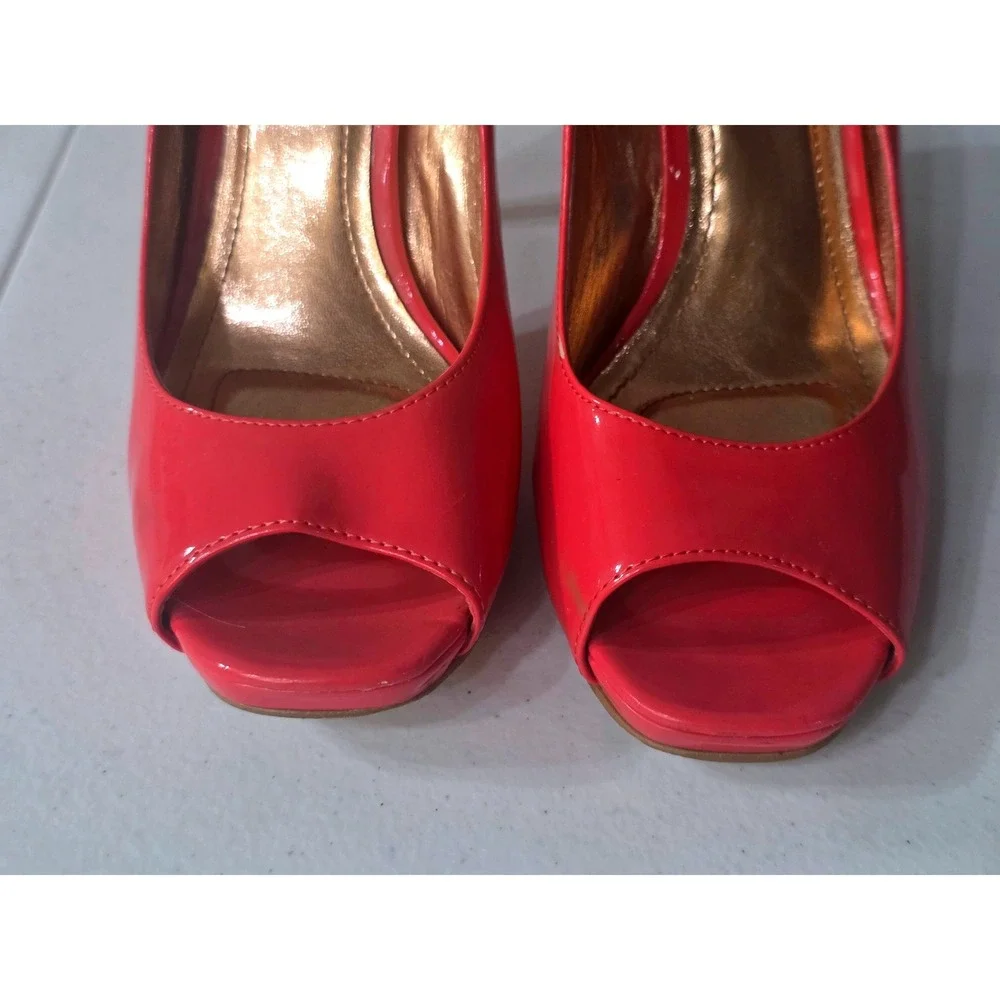 BCBGeneration Womens Coral Red Patent Peep Toe Stiletto Heel Pumps Size 7.5/38